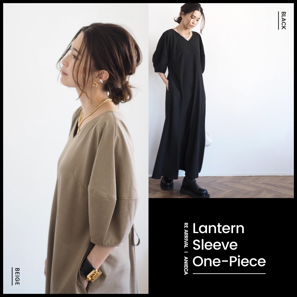 【RE ARRIVAL】Lantern Sleeve One-Piece BEIGE/BLACK